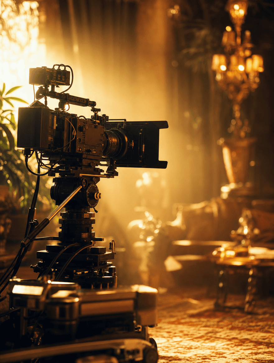 كاميرا سينمائية على دوللي أمام إضاءة خلفية ذهبية