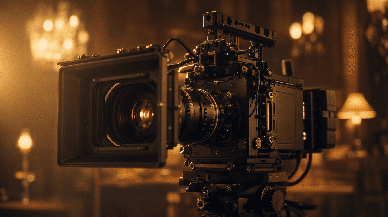 كاميرا سينمائية في ضوء ذهبي دافئ داخل موقع تصوير